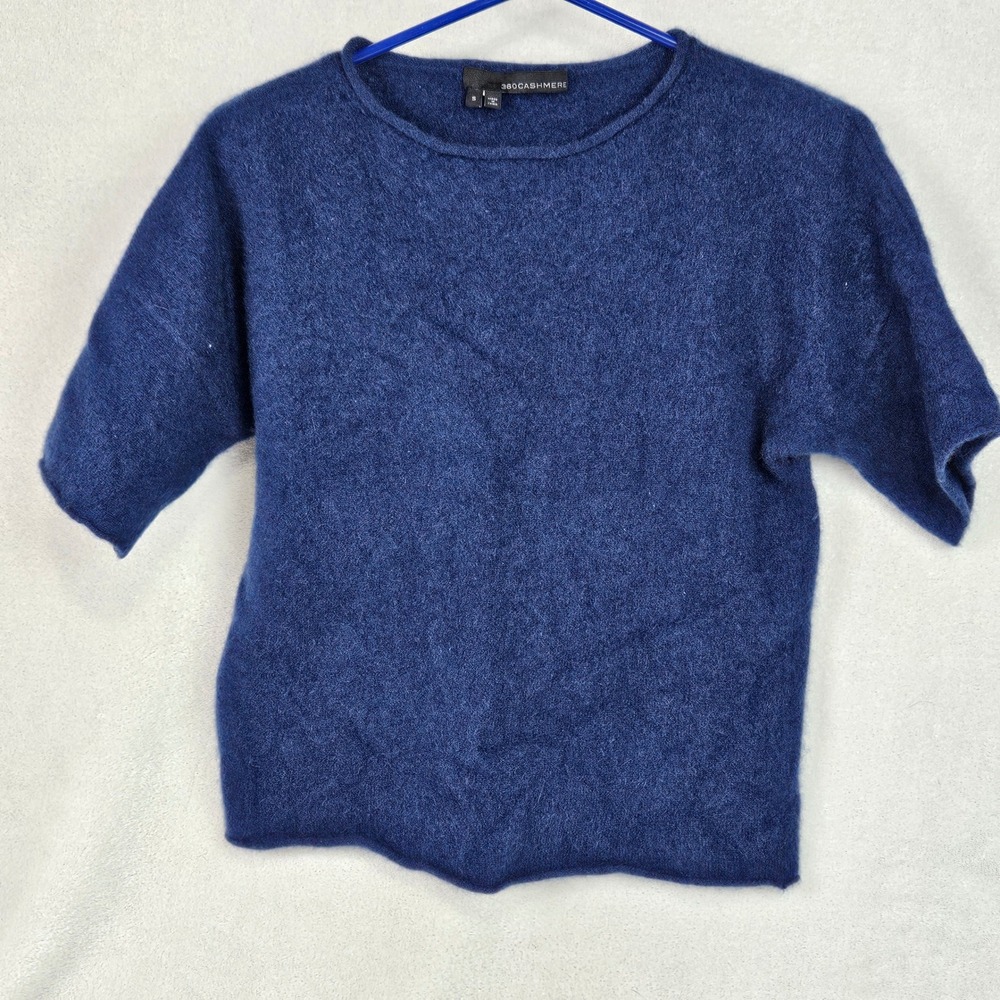 360Cashmere Navy Blue 100% Cashmere Short Sleeve Crewneck Sweater Small RN129671